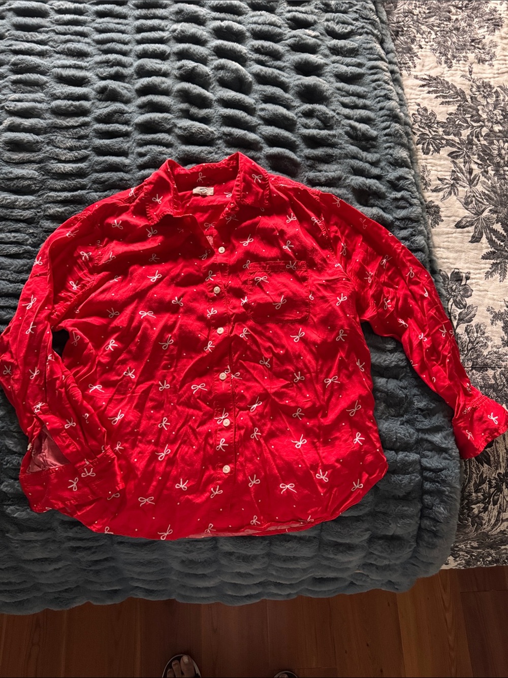 aerie Red Button-Down PJ Shirt with White Bow Print